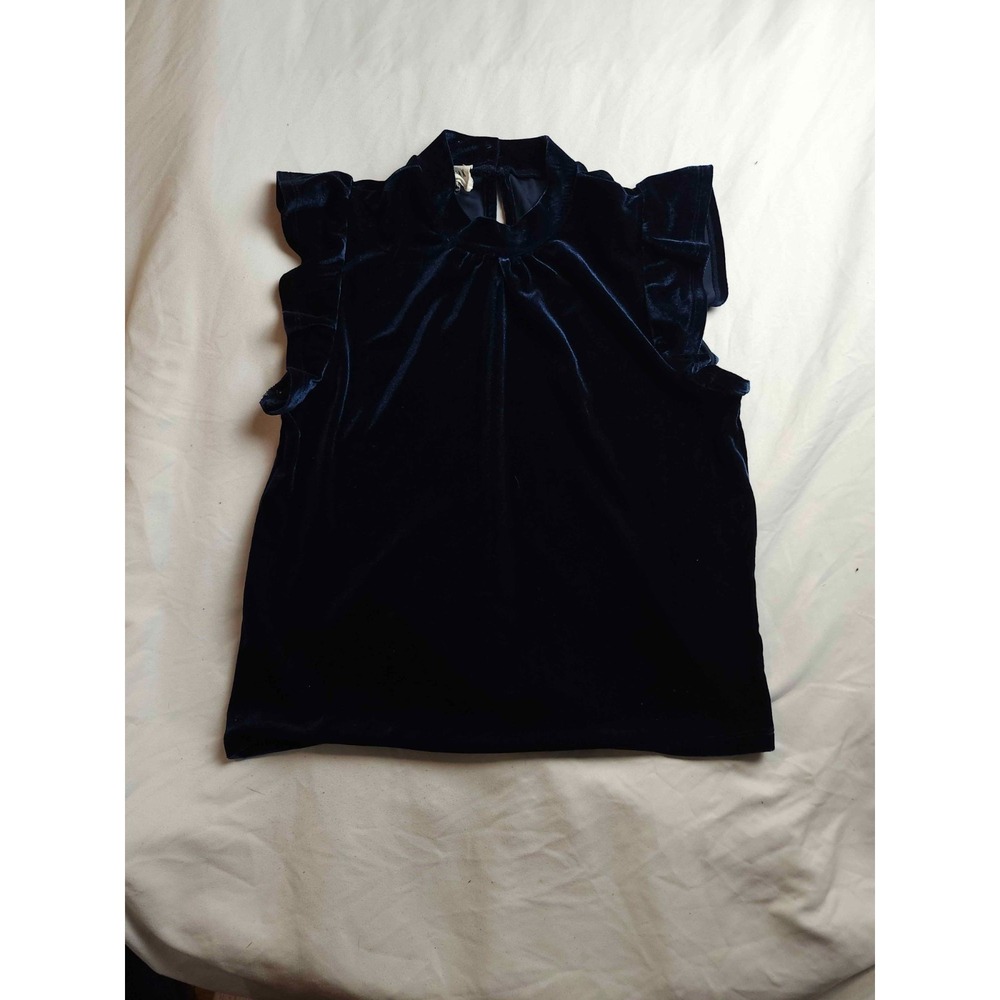 Olive + Oak Blouse Womens Medium Blue Velvet Ruffle Mock Neck Goth Party Holiday